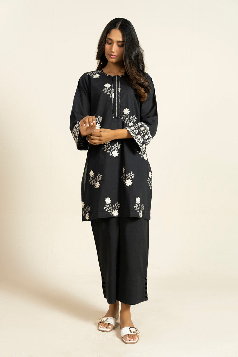 Midnight Cambric 2-Piece Suit | Floral Resham Embroidery