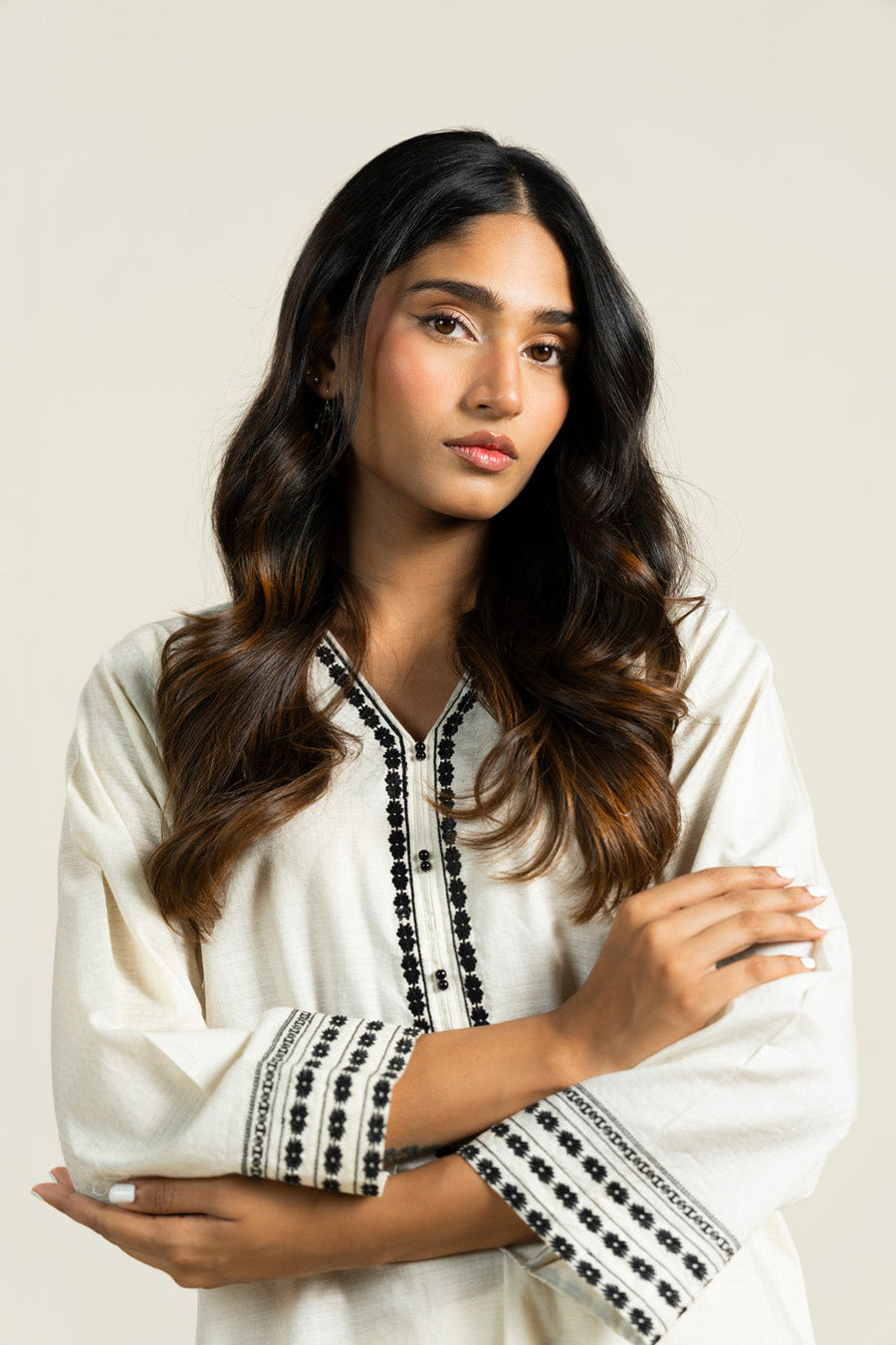 Ivory Dobby 2-Piece Salwar Kameez | Schiffli Border