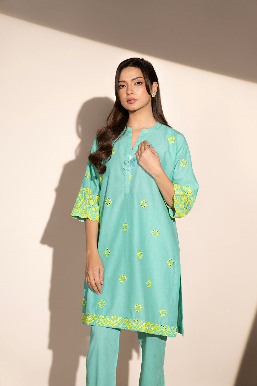 Sage Green Cambric 2-Piece Suit | Zardosi Floral Motifs