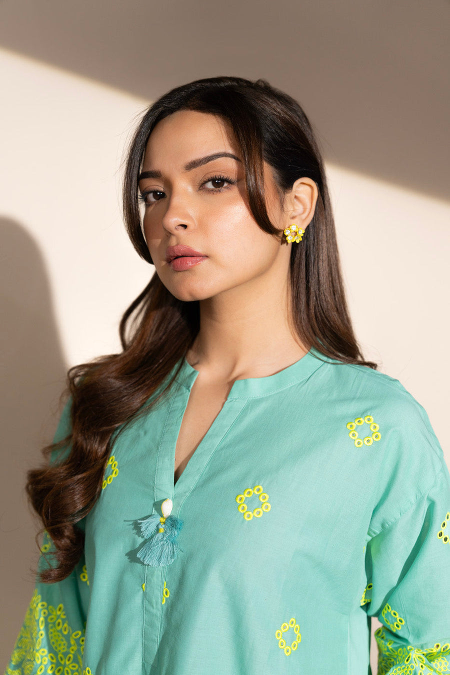 Sage Green Cambric 2-Piece Suit | Zardosi Floral Motifs