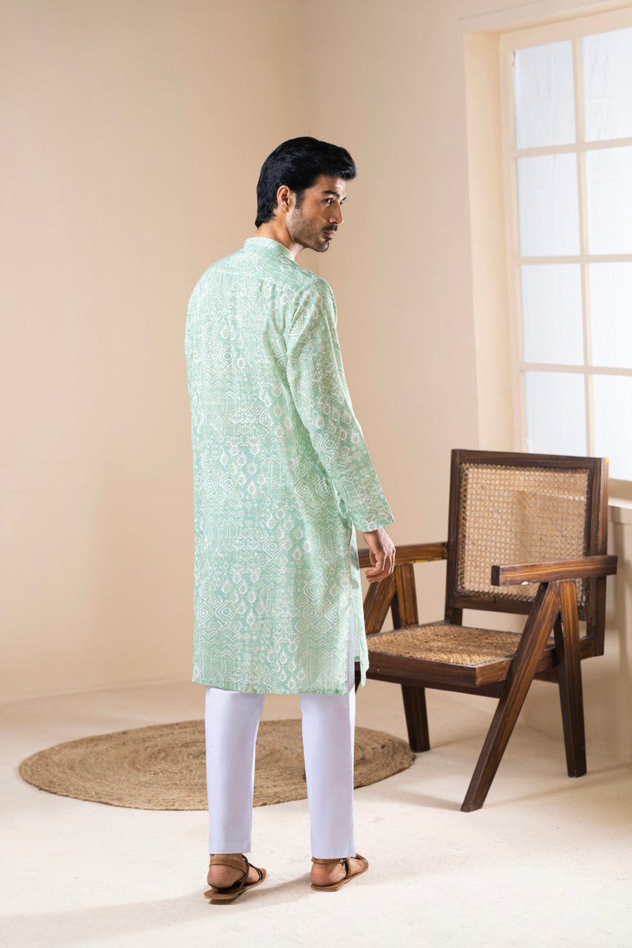 Sage Green Jacquard Kurta with Band Collar | 2-Piece