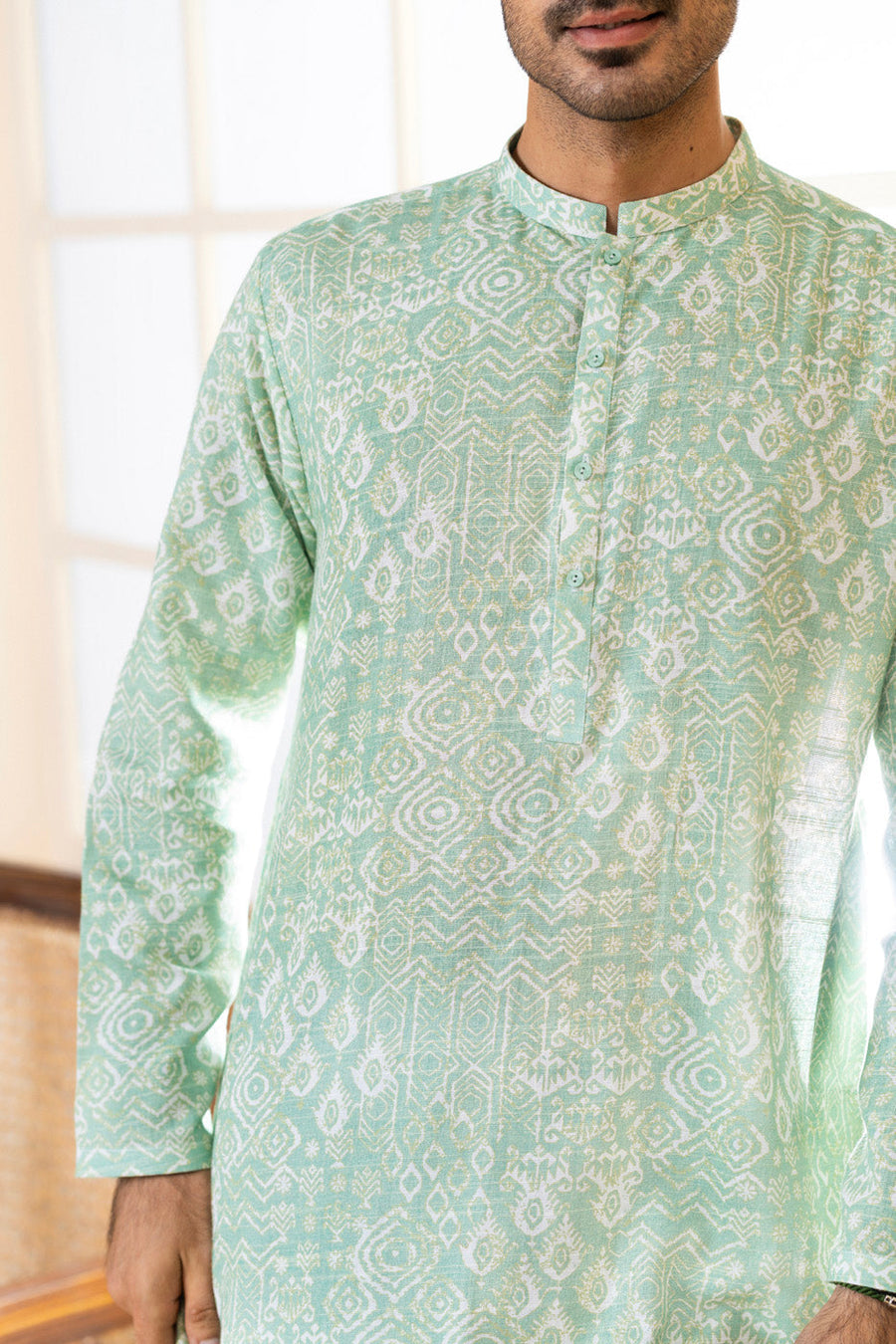 Sage Green Jacquard Kurta with Band Collar | 2-Piece