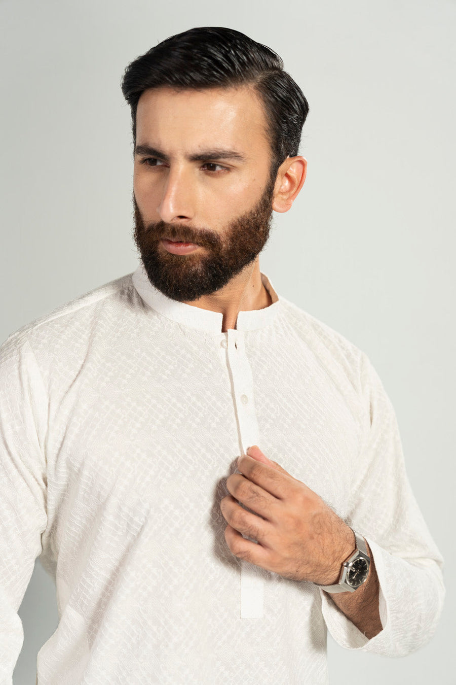 Ivory Blended Fabric 2-Piece Kurta | Minimalist Bend Collar