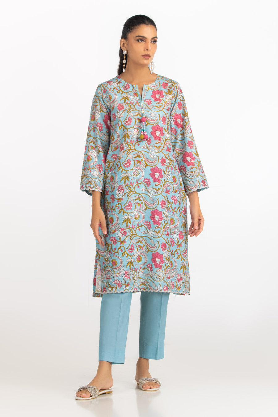 Blue Floral Embroidered Summer Co-Ord Set - Pehnaawaa