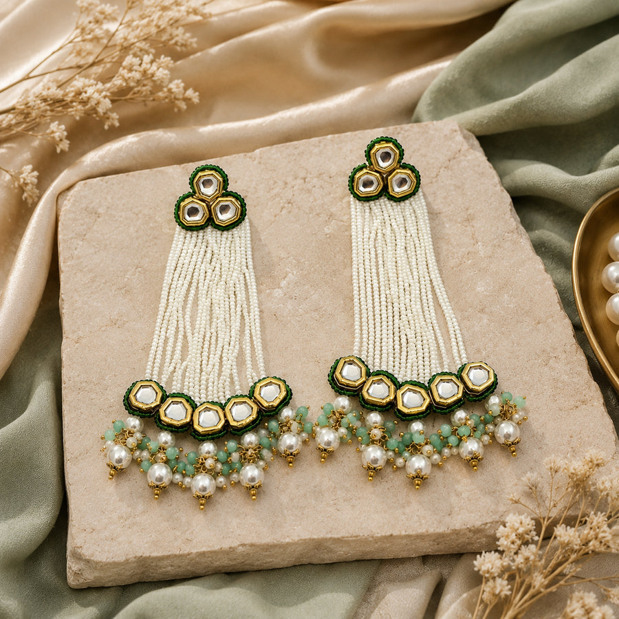 Green Pachi Kundan Pearl Tassel Statement Earrings