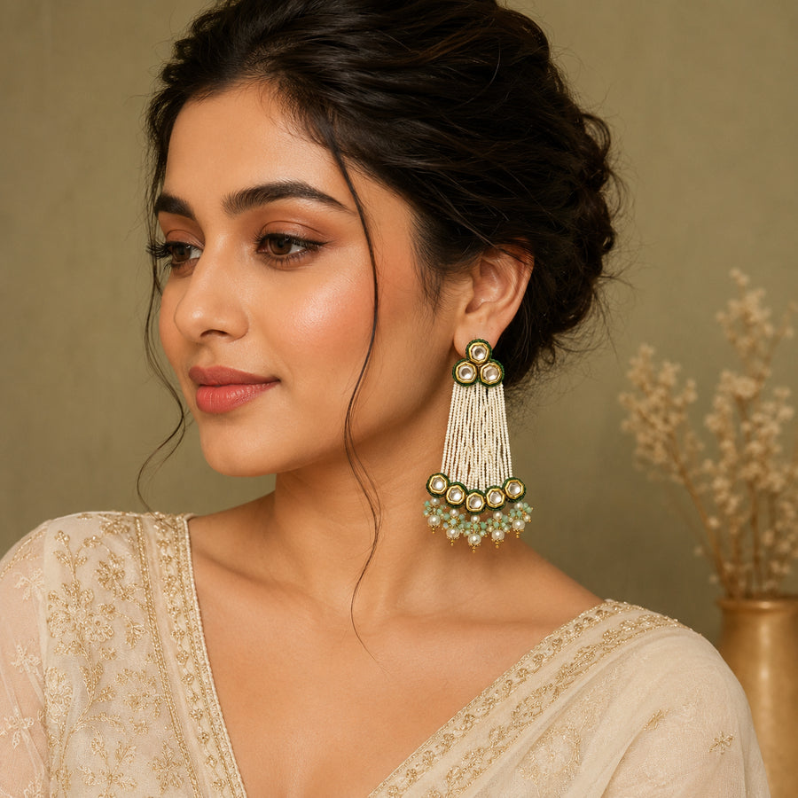 Green Pachi Kundan Pearl Tassel Statement Earrings