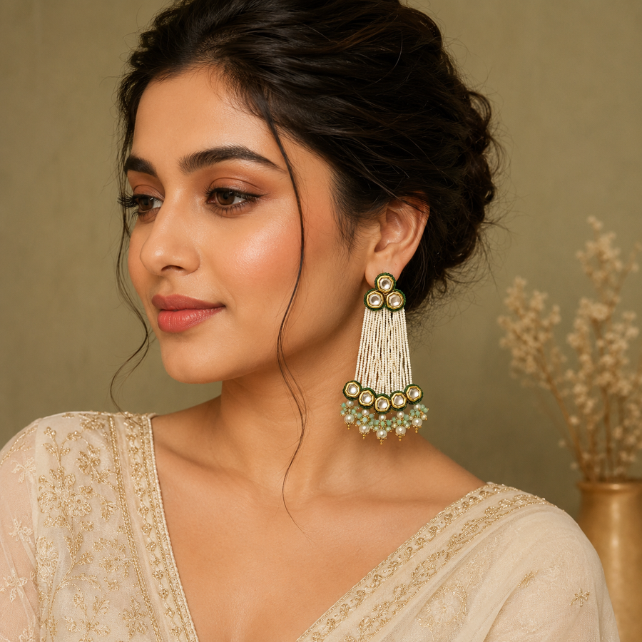 Green Pachi Kundan Pearl Tassel Statement Earrings