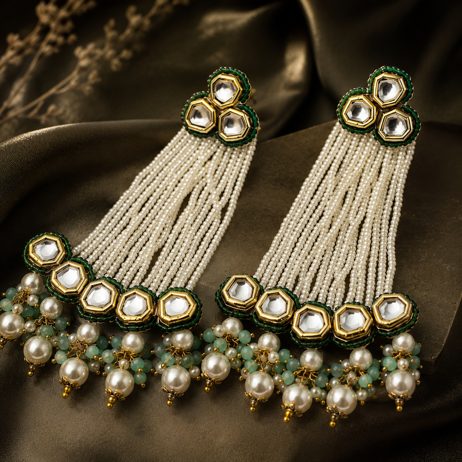 Green Pachi Kundan Pearl Tassel Statement Earrings