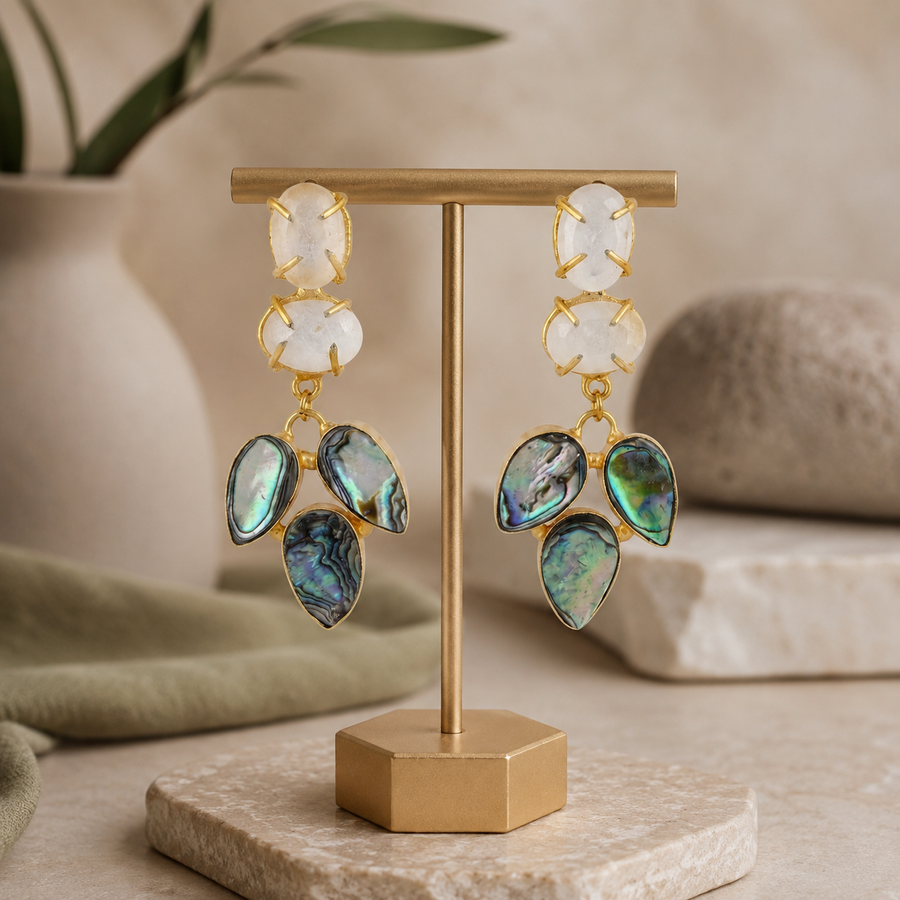 Abalone Shell & Milky Stone Gold Drop Earrings