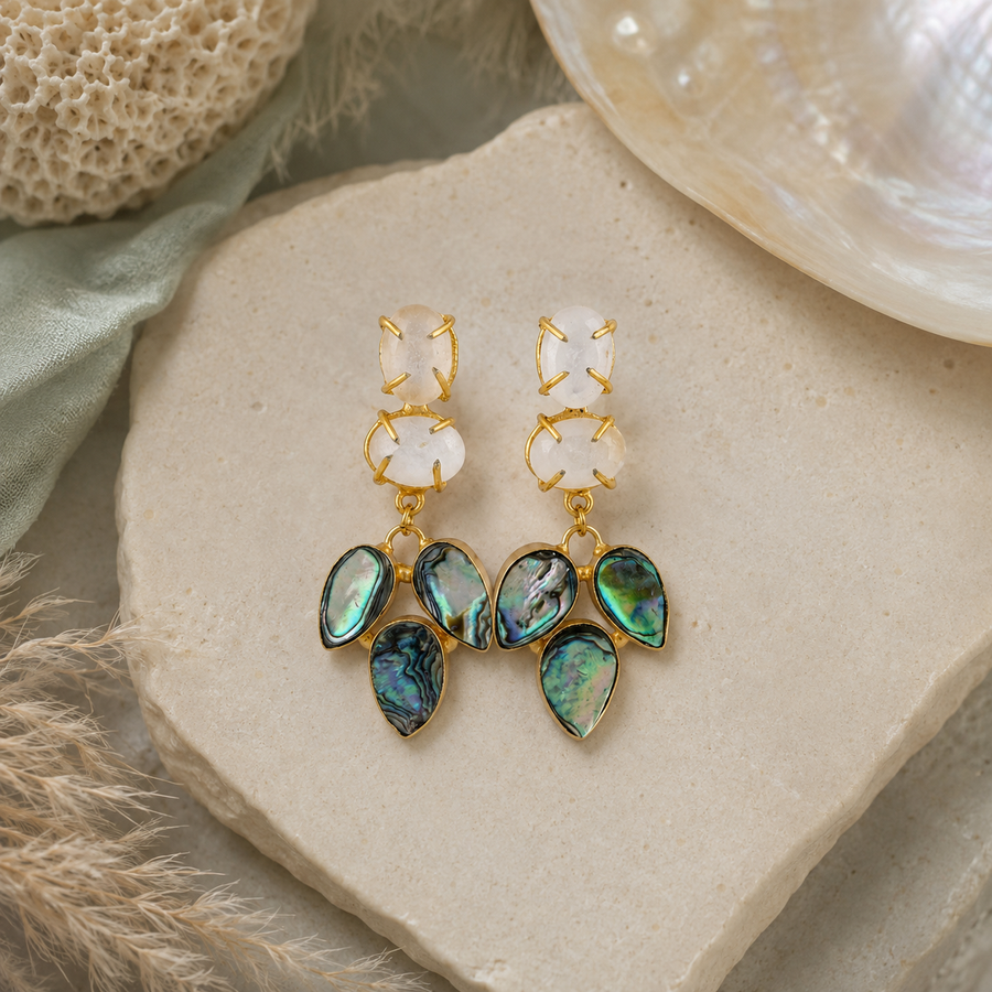 Abalone Shell & Milky Stone Gold Drop Earrings