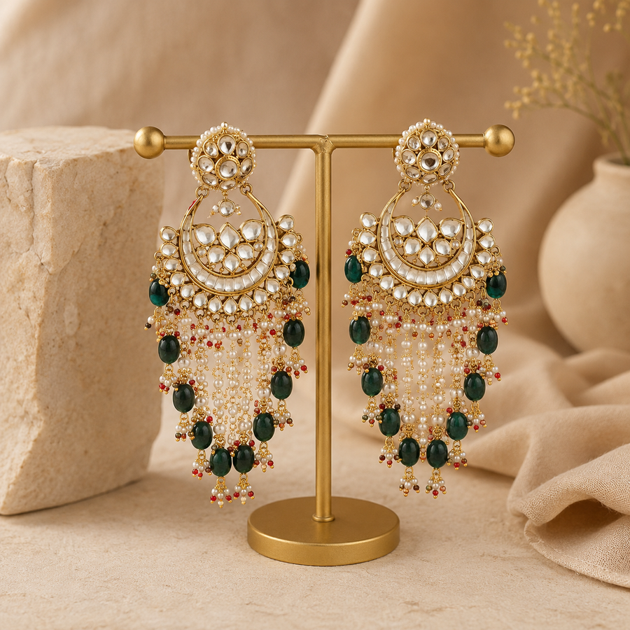 Emerald Green Kundan Chandbali Pearl Tassel Earrings