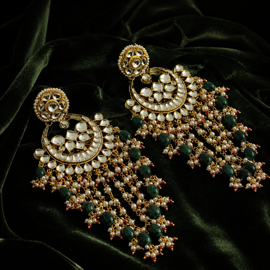 Emerald Green Kundan Chandbali Pearl Tassel Earrings