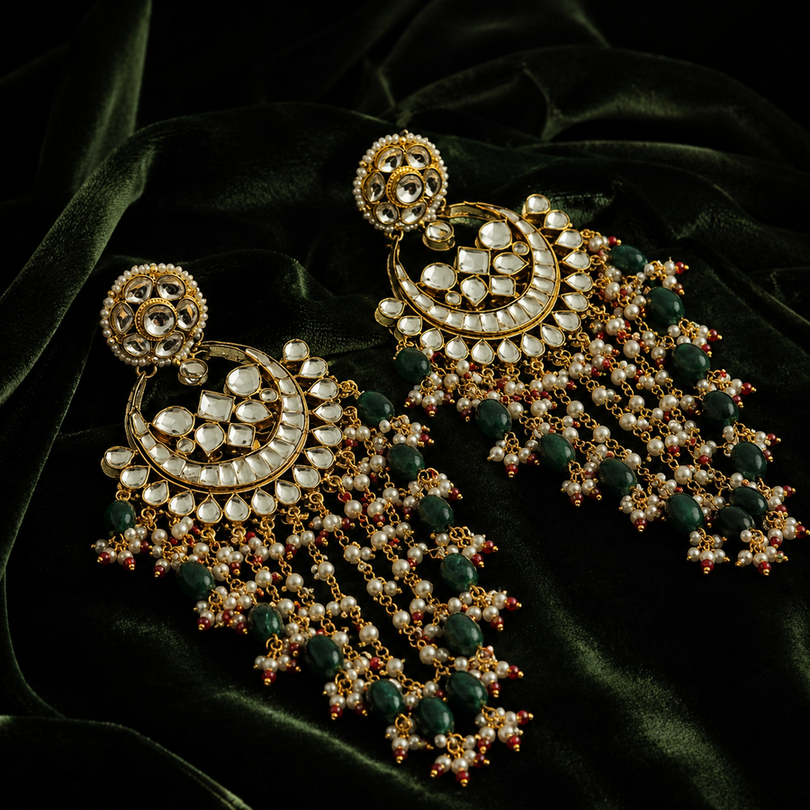 Emerald Green Kundan Chandbali Pearl Tassel Earrings
