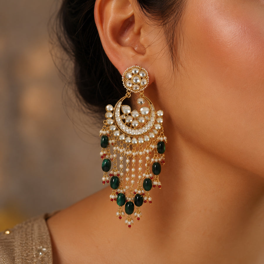 Emerald Green Kundan Chandbali Pearl Tassel Earrings