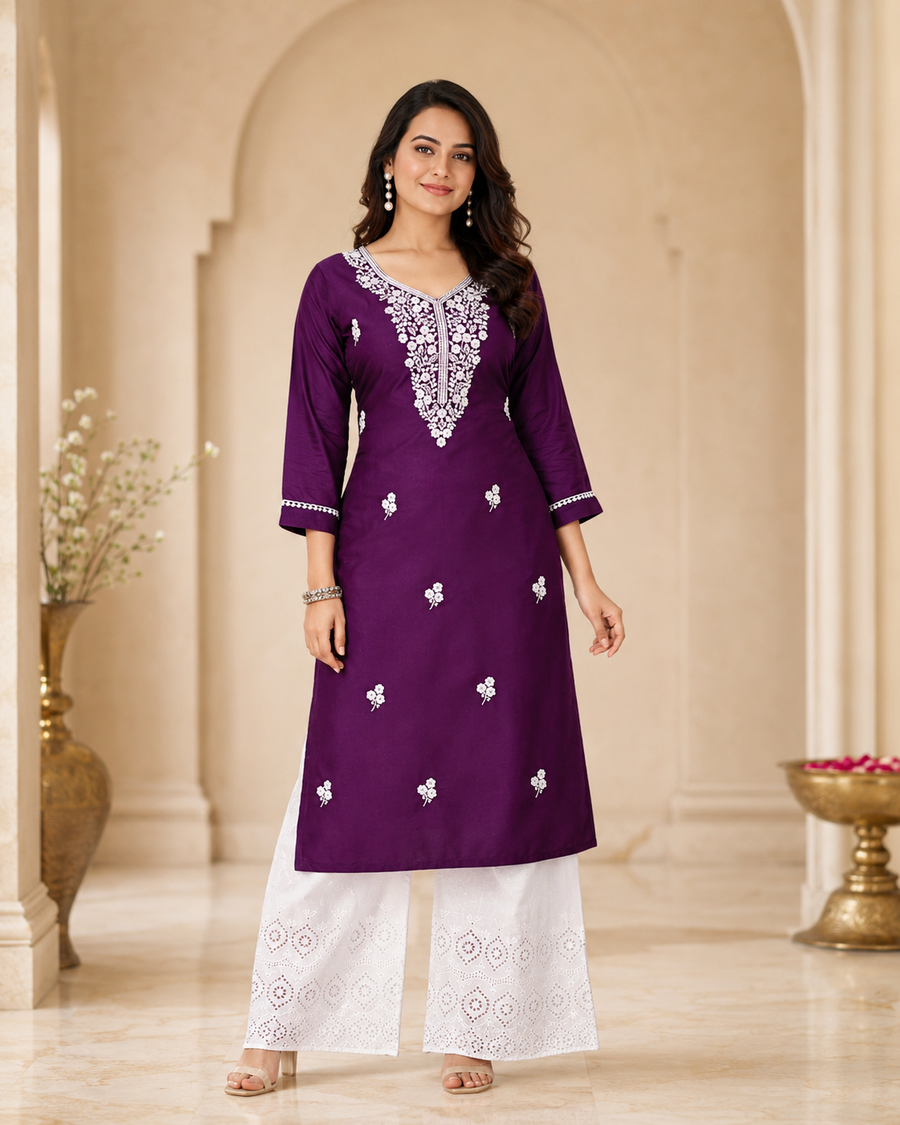 Purple Lucknowi Chikankari Embroidered Tesla Slub Top for Women