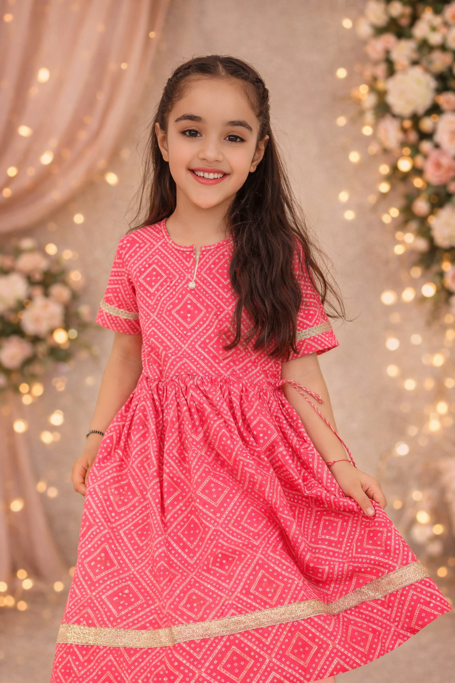 Girls Pink Bandhej Print Ankle Length Gota Dress with Tassels (1 Piece)