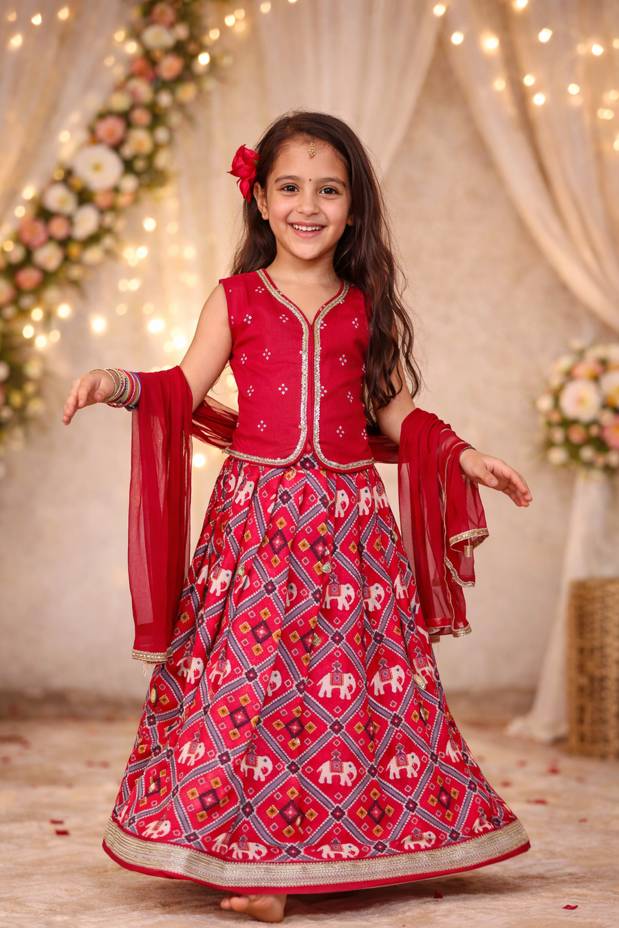 Girls Maroon Patola Print Lehenga Set with Dupatta (3 Piece)