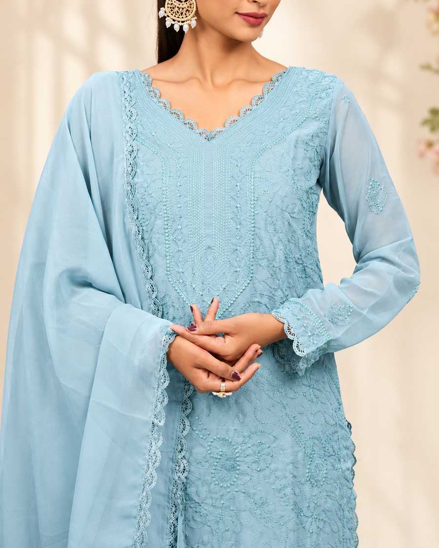 Trendy Aqua Blue Chikankari Georgette Kurti Set with Dupatta