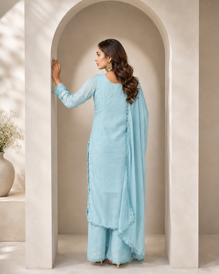 Trendy Aqua Blue Chikankari Georgette Kurti Set with Dupatta