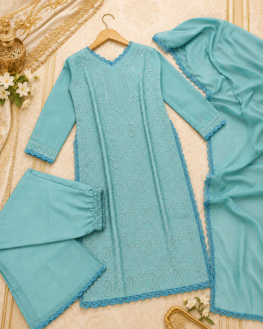 Trendy Aqua Blue Chikankari Georgette Kurti Set with Dupatta