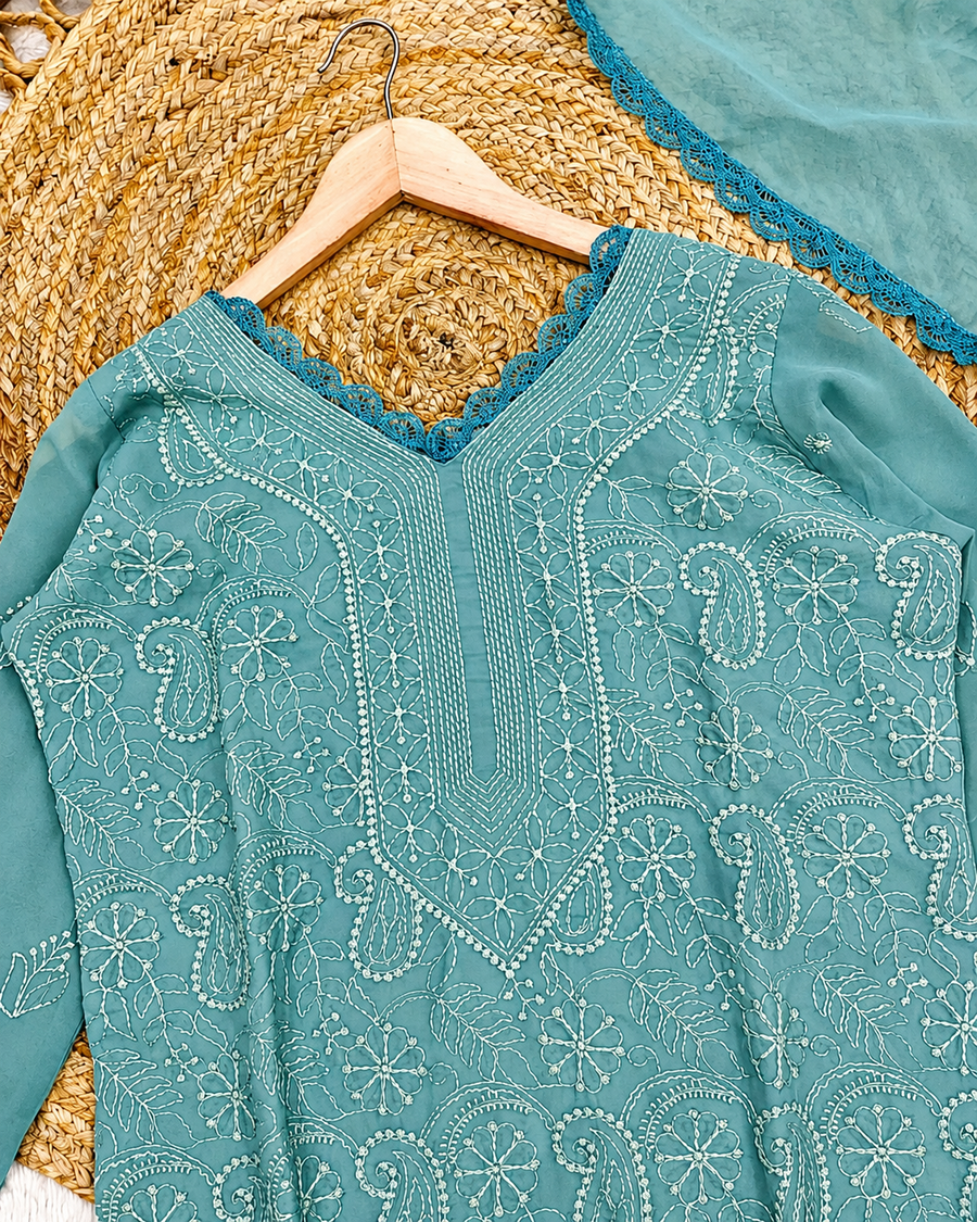 Trendy Aqua Blue Chikankari Georgette Kurti Set with Dupatta