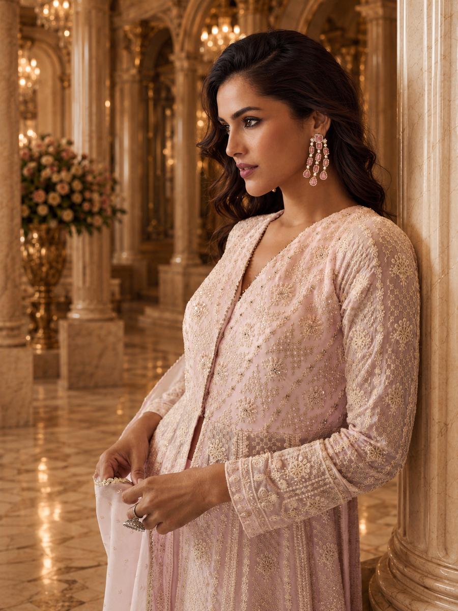 Blush Pink Lucknowi Chikankari Embroidered Georgette Anarkali Kurta Set with Palazzo & Dupatta