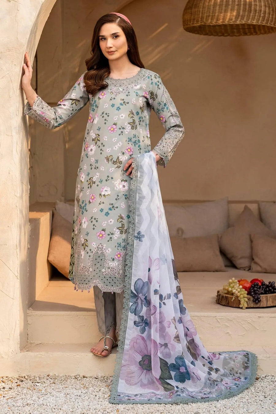 Sage Cinder – Embroidered Cutwork Floral Lawn 3-Piece Festive Suit - Pehnaawaa