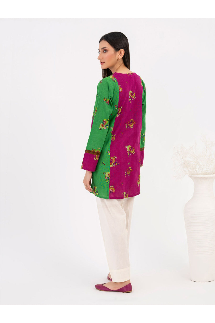 Back side of khaddar printed kurti on model
