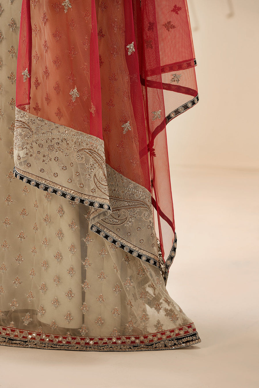 Ivory Sequins Embroidered Net Anarkali Suit with Contrast Pink Dupatta