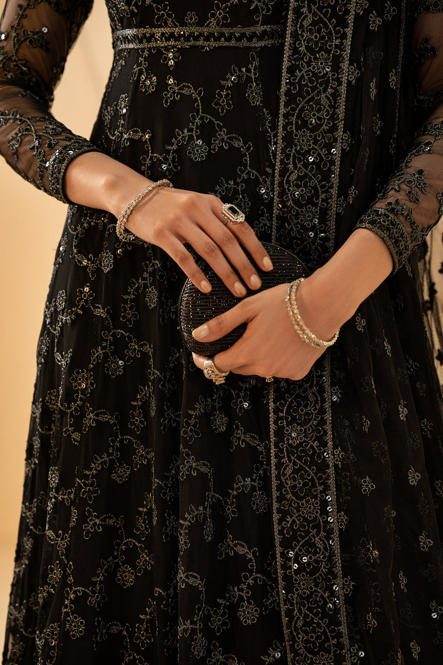 Black Sequins Embroidered Net Draped Gown Suit with Matching Dupatta
