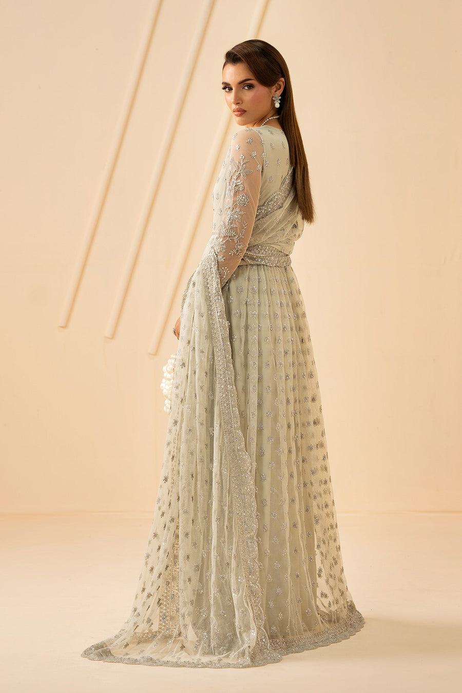 Ivory Silver Sequins Embroidered Net Anarkali Suit with Net Dupatta