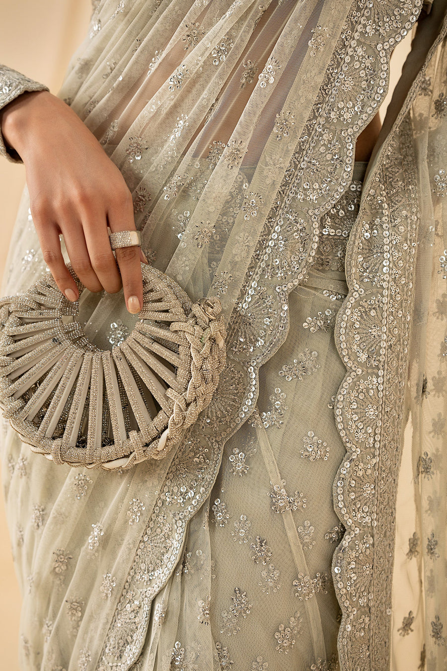 Ivory Silver Sequins Embroidered Net Anarkali Suit with Net Dupatta