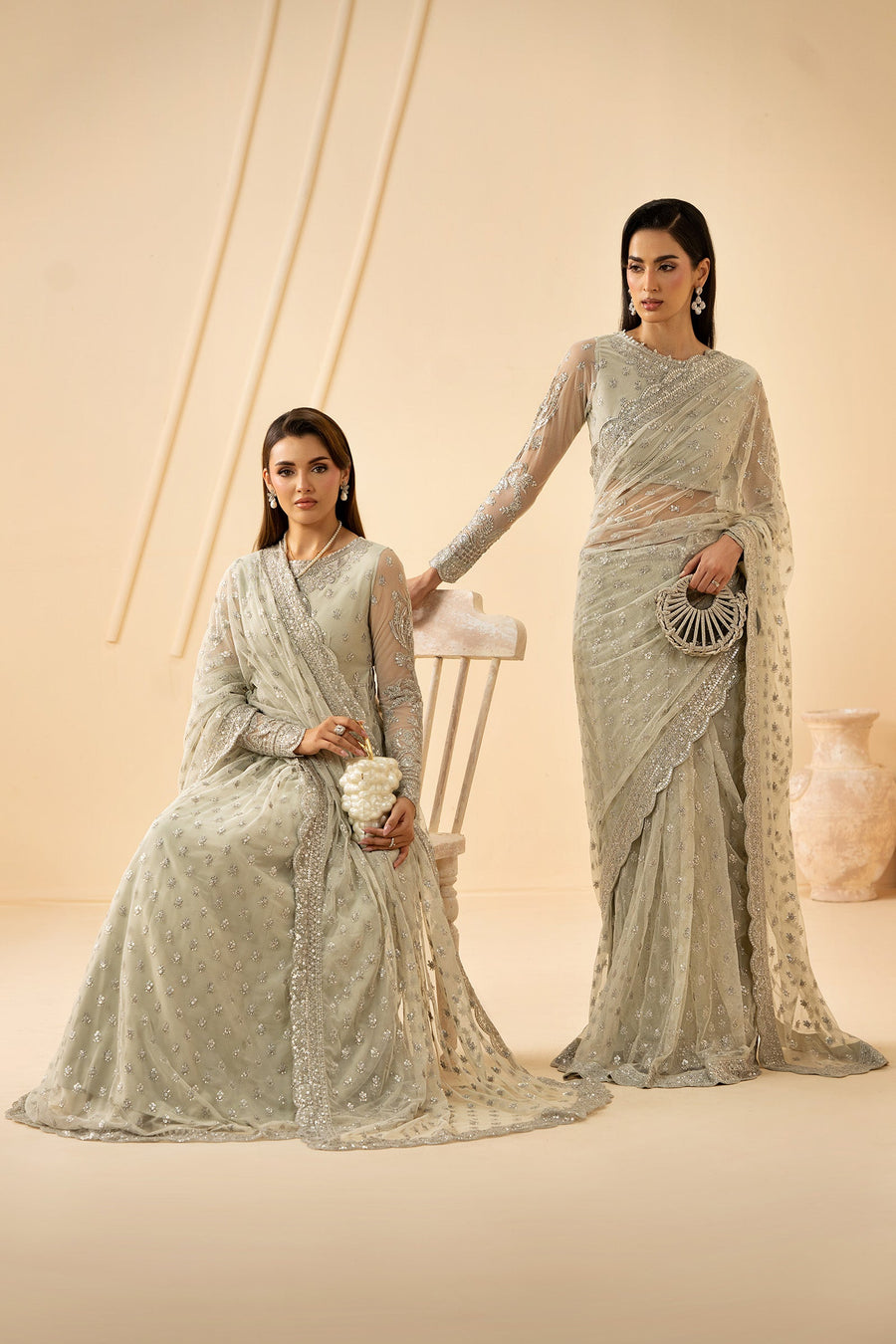 Ivory Silver Sequins Embroidered Net Anarkali Suit with Net Dupatta