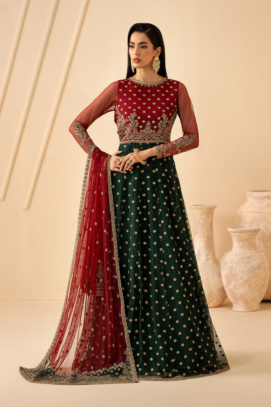 Red and Emerald Embroidered Net Anarkali Suit with Matching Dupatta