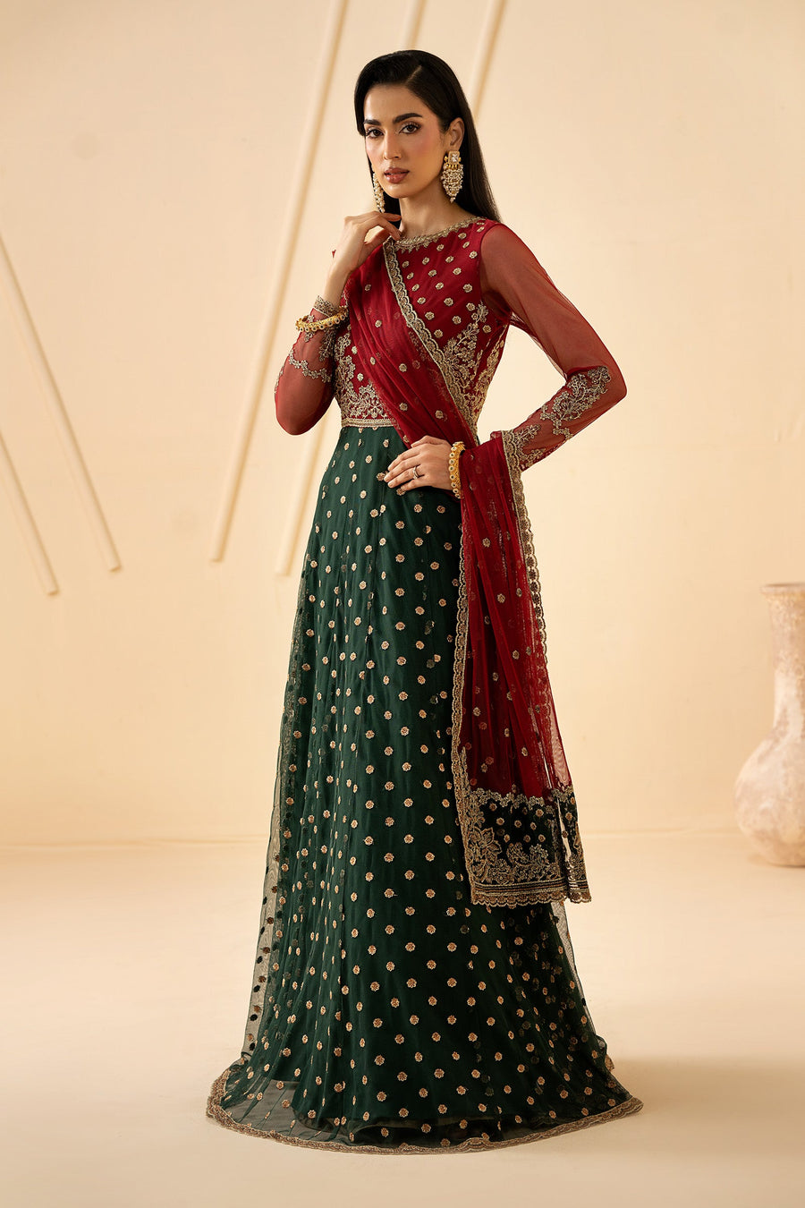 Red and Emerald Embroidered Net Anarkali Suit with Matching Dupatta
