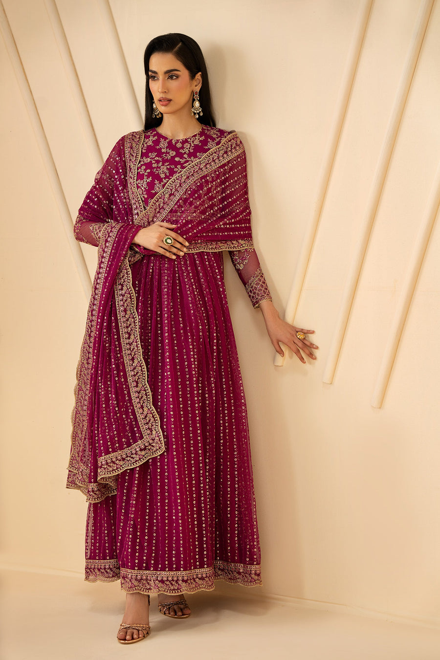 Magenta Sequins Embroidered Net Anarkali Suit with Matching Dupatta