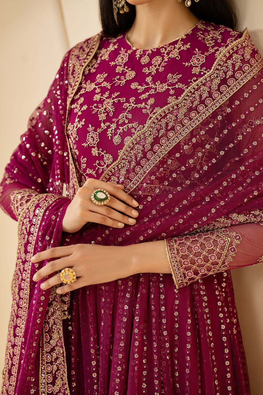Magenta Sequins Embroidered Net Anarkali Suit with Matching Dupatta