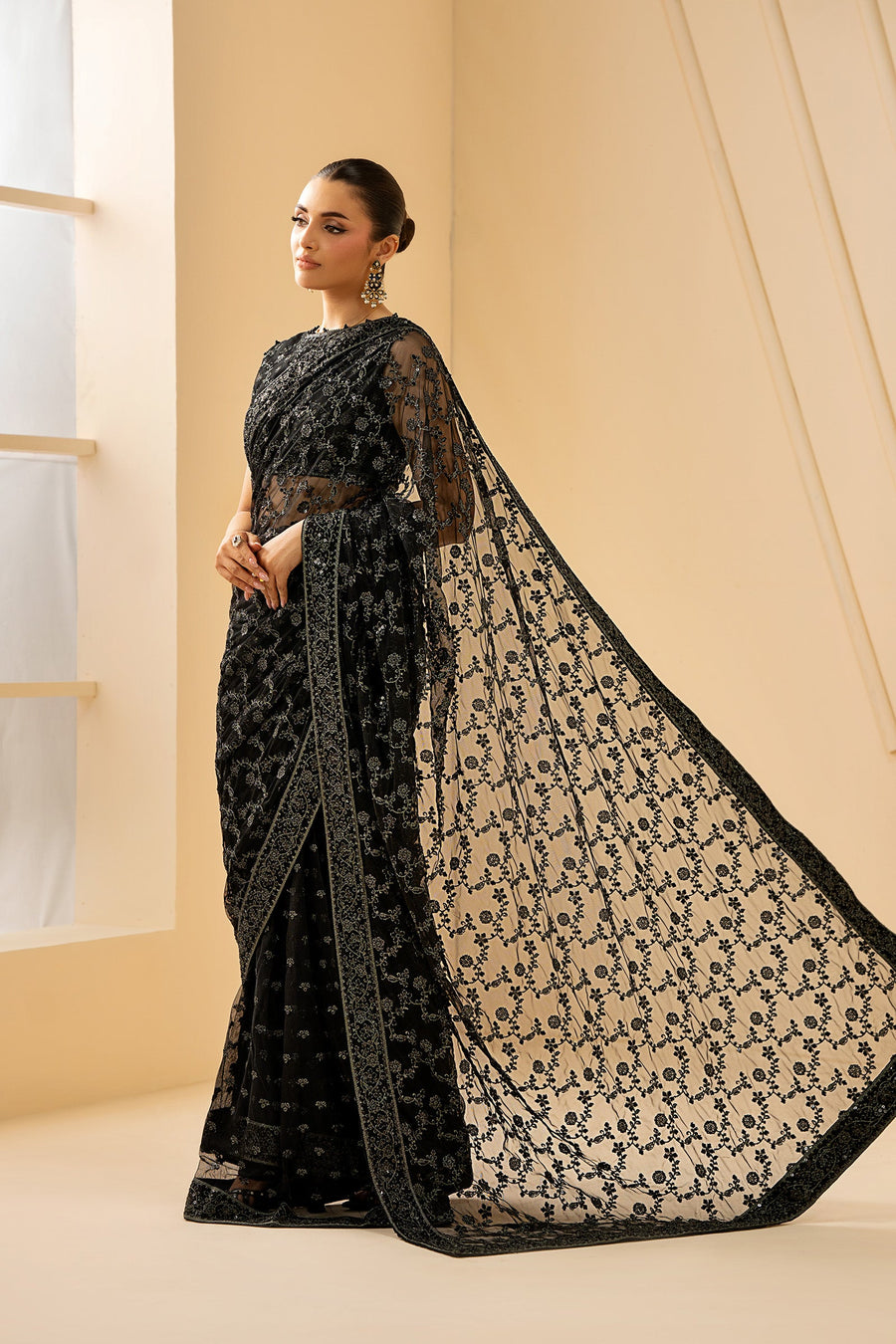 Black Sequins Embroidered Net Draped Gown Suit with Matching Dupatta