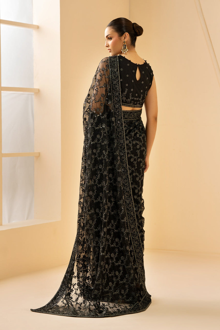 Black Sequins Embroidered Net Draped Gown Suit with Matching Dupatta