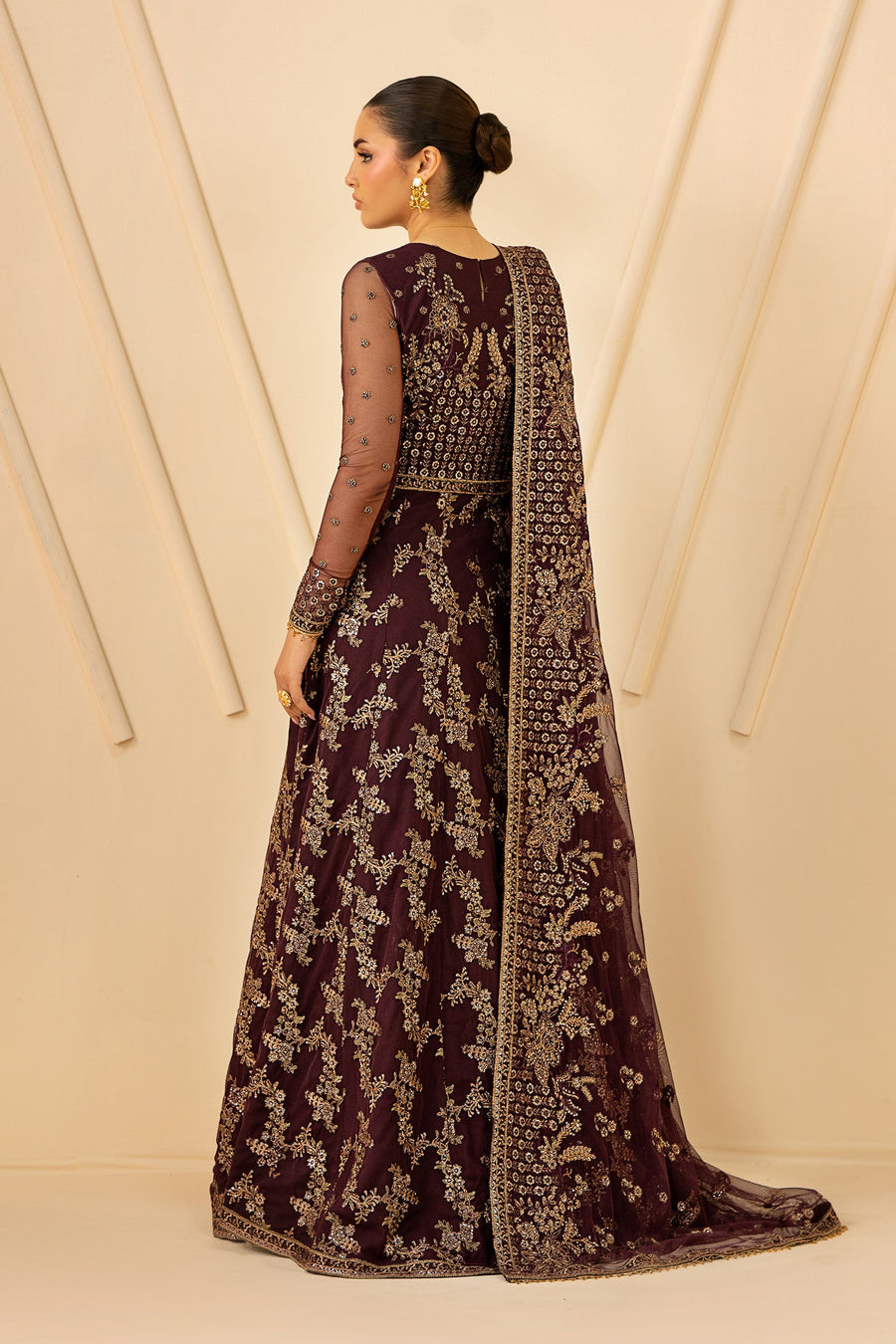 Deep Maroon Sequins Embroidered Net Anarkali Suit with Matching Dupatta