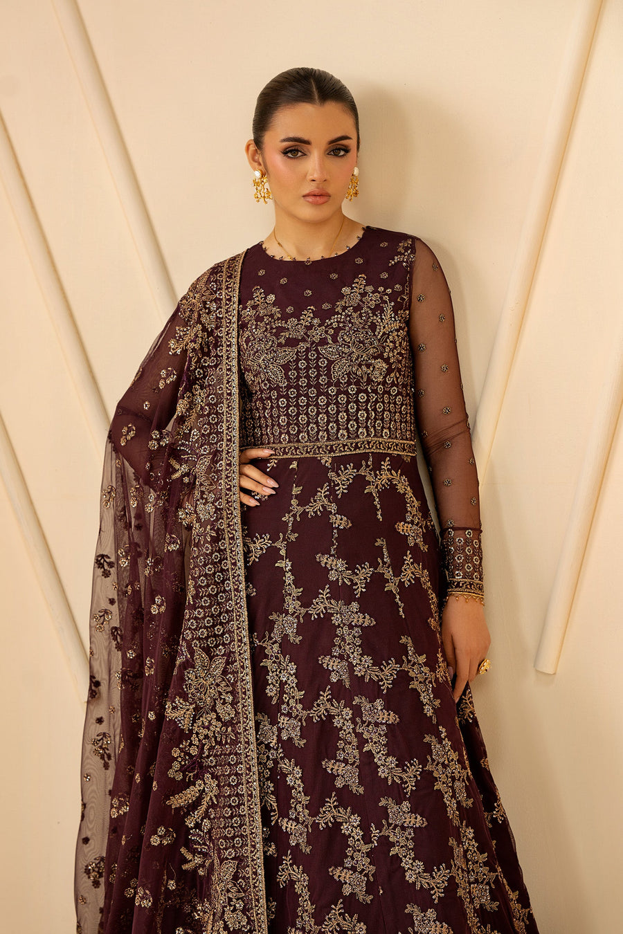 Deep Maroon Sequins Embroidered Net Anarkali Suit with Matching Dupatta