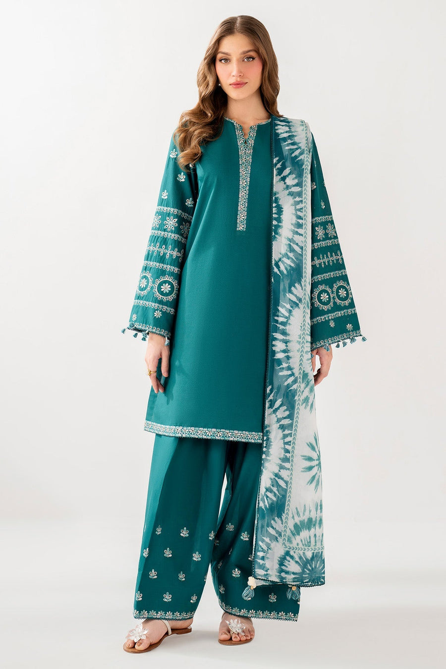 Teal Green Embroidered Lawn Suit with Embroidered Trousers and Printed Chiffon Dupatta