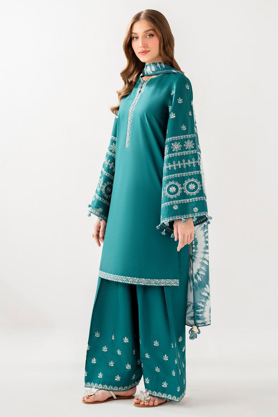 Teal Green Embroidered Lawn Suit with Embroidered Trousers and Printed Chiffon Dupatta