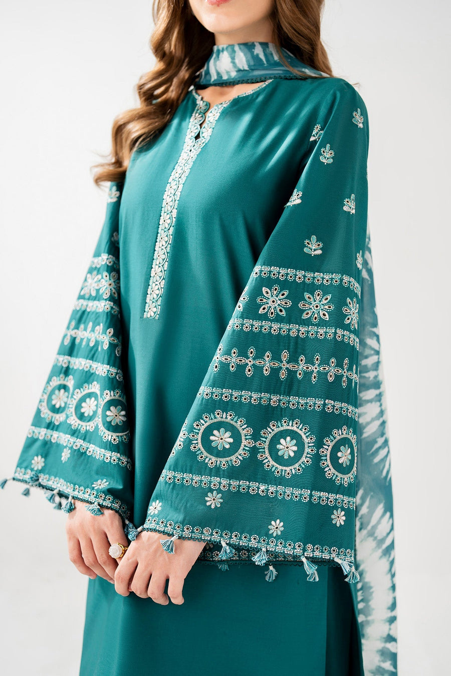 Teal Green Embroidered Lawn Suit with Embroidered Trousers and Printed Chiffon Dupatta