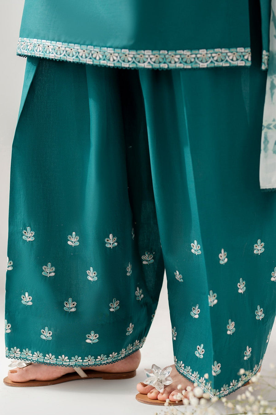 Teal Green Embroidered Lawn Suit with Embroidered Trousers and Printed Chiffon Dupatta