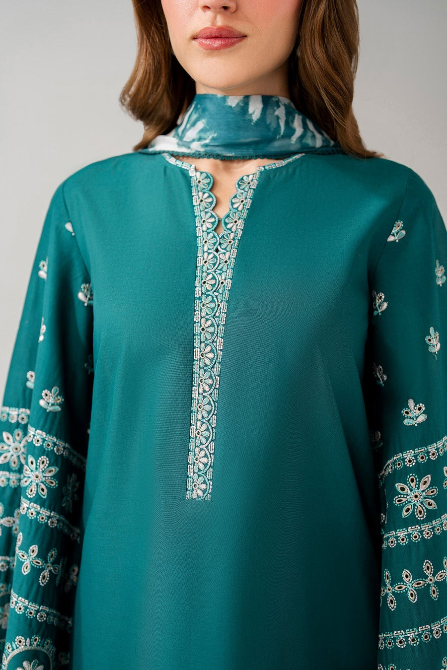 Teal Green Embroidered Lawn Suit with Embroidered Trousers and Printed Chiffon Dupatta