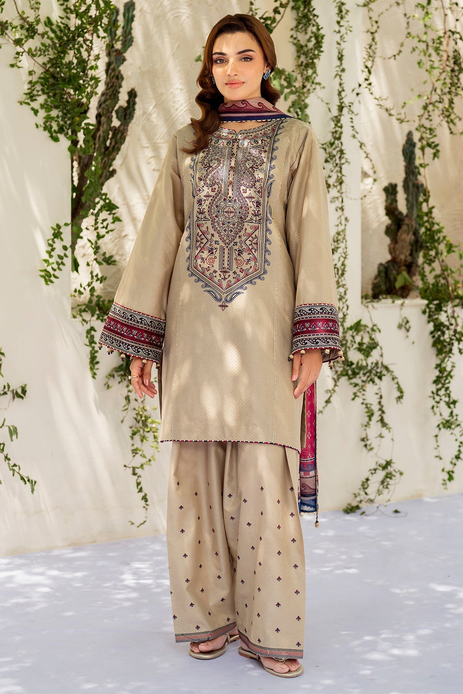 Beige Embroidered Lawn Suit with Cambric Trousers and Printed Silk Dupatta