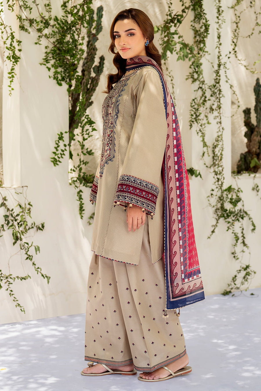 Beige Embroidered Lawn Suit with Cambric Trousers and Printed Silk Dupatta