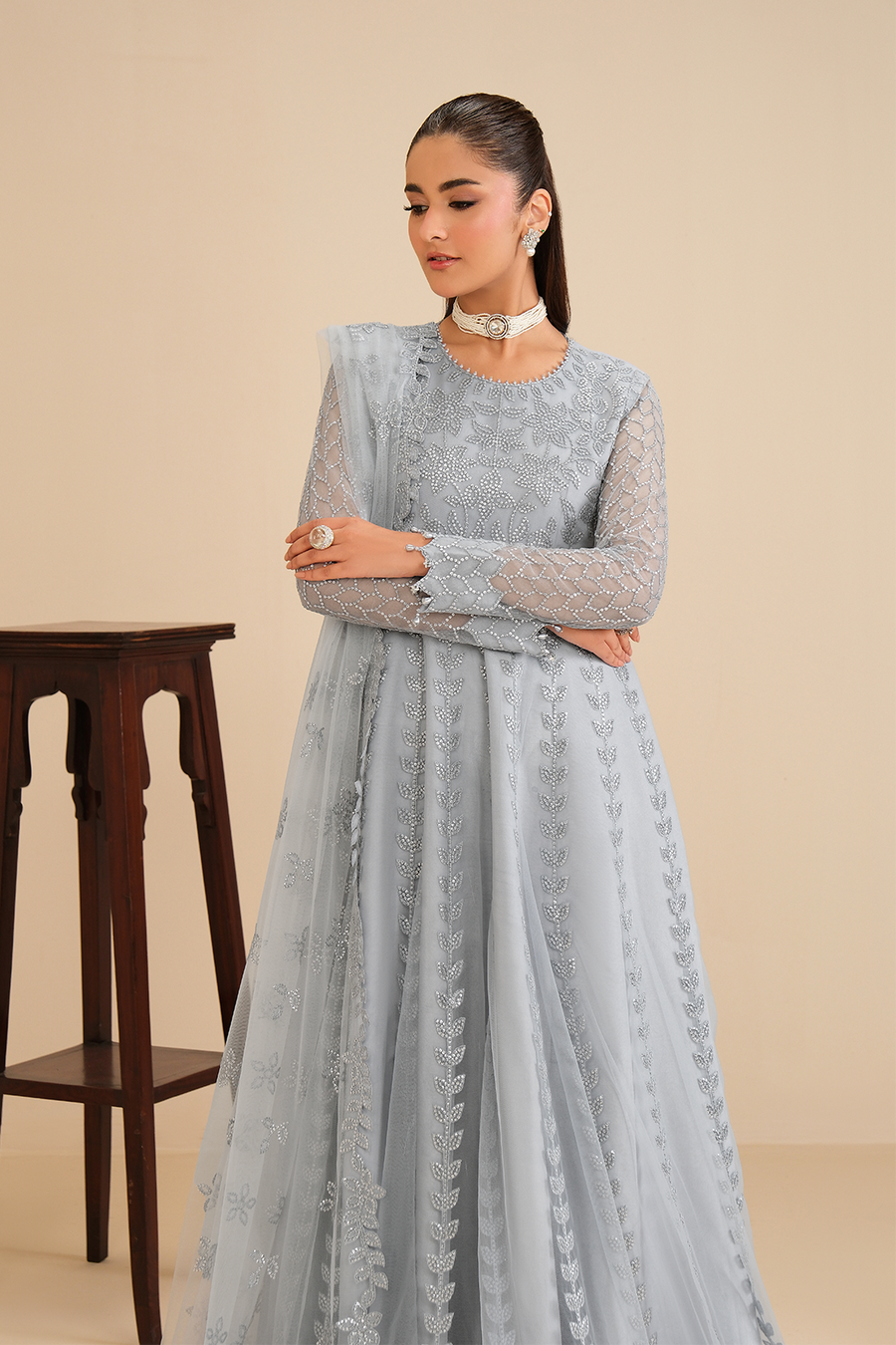 Ice Queen – Embroidered Icy Gray Net Maxi Gown 3-Piece Suit - Pehnaawaa