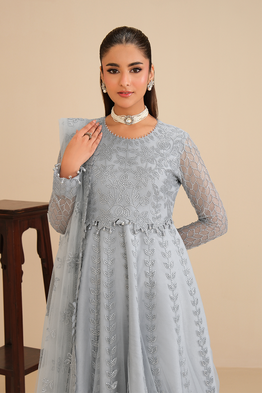 Ice Queen – Embroidered Icy Gray Net Maxi Gown 3-Piece Suit - Pehnaawaa